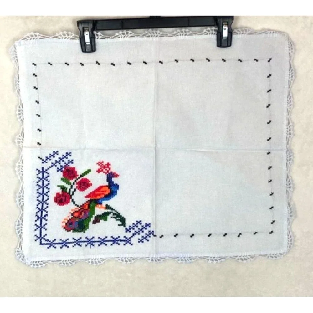 Vintage Handmade Cross-Stitch Peacock and Floral Table Topper Lace Trim 17x21